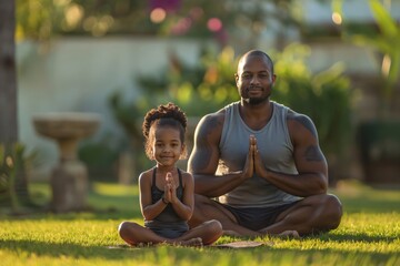 Fitness instructor bonding with his daughter while practicing yoga outdoors in a peaceful backyard