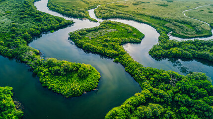 Aerial View of Lush River Delta