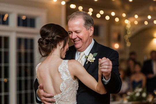 Bride and her father sharing a special moment, dancing together at her wedding reception - Powered by Adobe