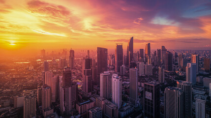 Cityscape at Sunset Aerial View