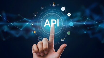 API: a finger touch a hologram virtual interface that hologram of API,API integration, API development, JSON, API documentation, 