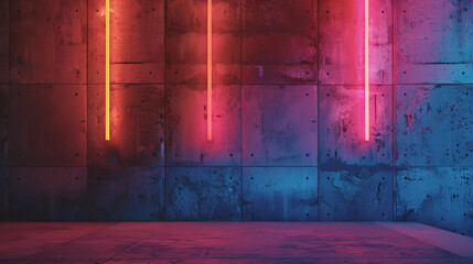 Mysterious atmosphere surrounding a cement wall adorned with neon light in the darkness.