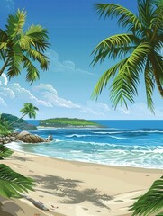 Fototapeta premium A serene tropical beach scene featuring white sand, crystal-clear water, and palm trees swaying in the breeze. Generative AI