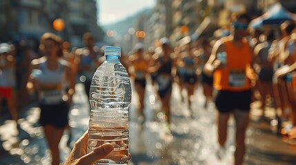 A realistic image of marathon runners approaching a water station, volunteers handing out cups of water, and the determination on the runners' faces clear.