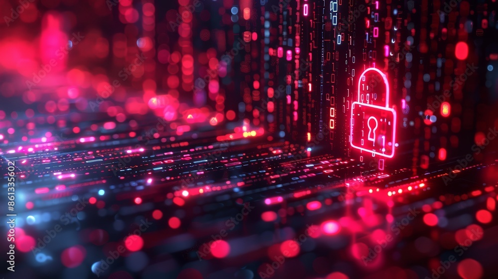Poster a glowing padlock icon in a digital landscape of binary code and flashing lights. represents cyberse
