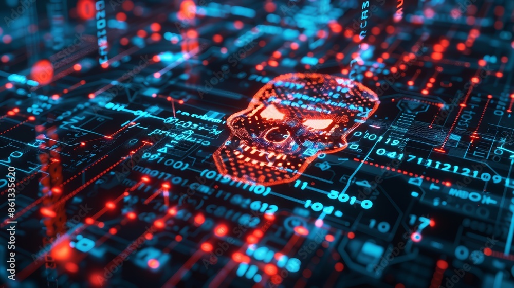 Poster a glowing red skull made of code sits on a digital circuit board. the skull represents cyber threats