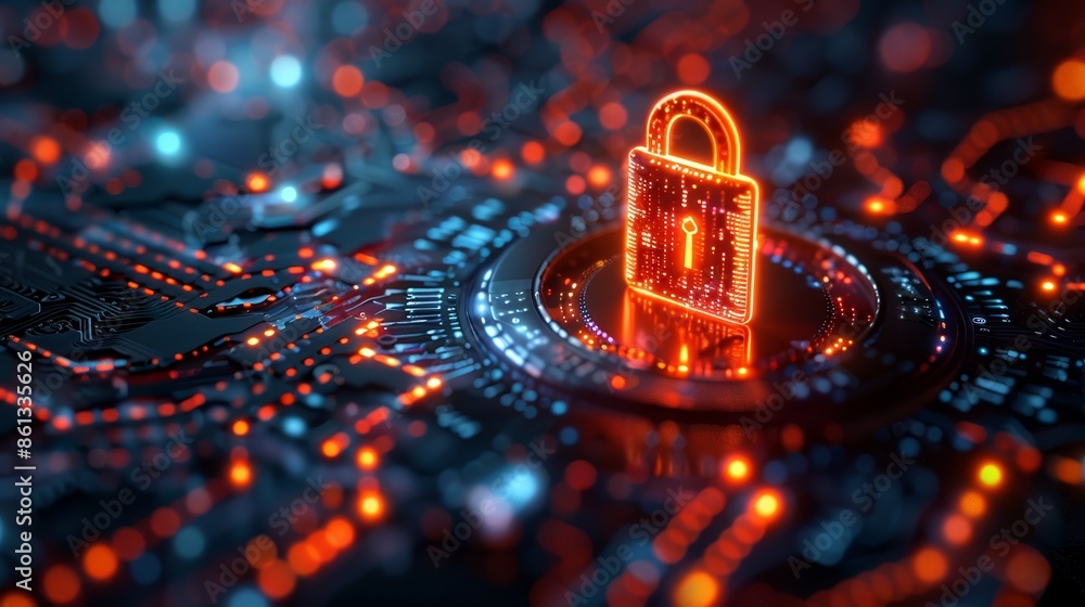 Poster a glowing red padlock sits on a circuit board, symbolizing digital security and data protection.