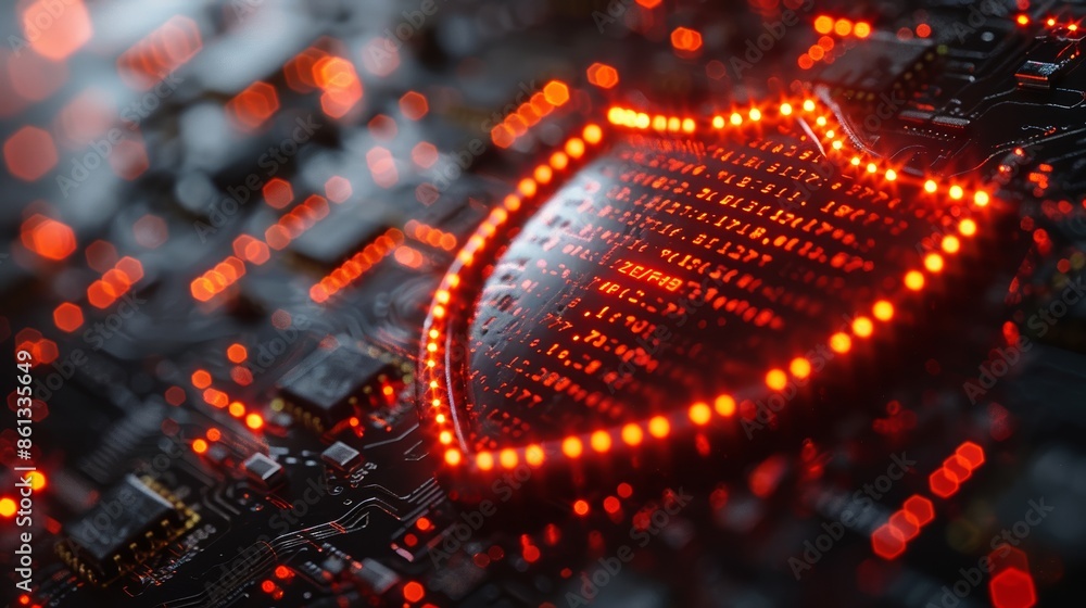 Poster a glowing shield made of digital code on a circuit board, symbolizing digital security and protectio