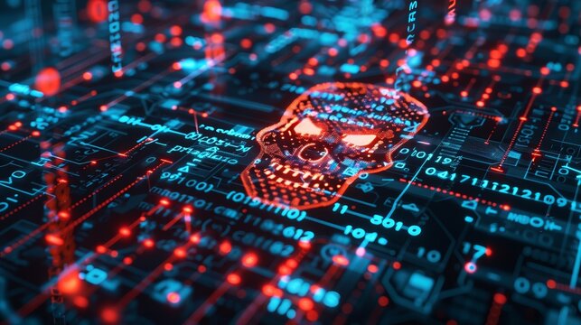 A glowing red skull made of code sits on a digital circuit board. The skull represents cyber threats and hacking.