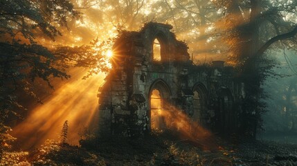 Obraz premium A captivating sunrise over a tranquil woodland, with soft light filtering through the trees and highlighting a serene lakeside structure