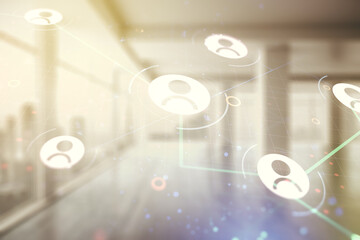 Double exposure of abstract virtual social network icons on empty modern office background. Marketing and promotion concept