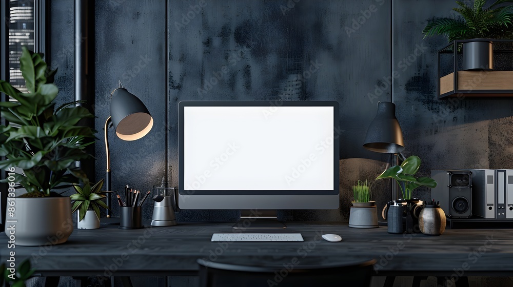 Poster sleek and minimalist office desk setup with blank computer screen and stylish accessories for tech p