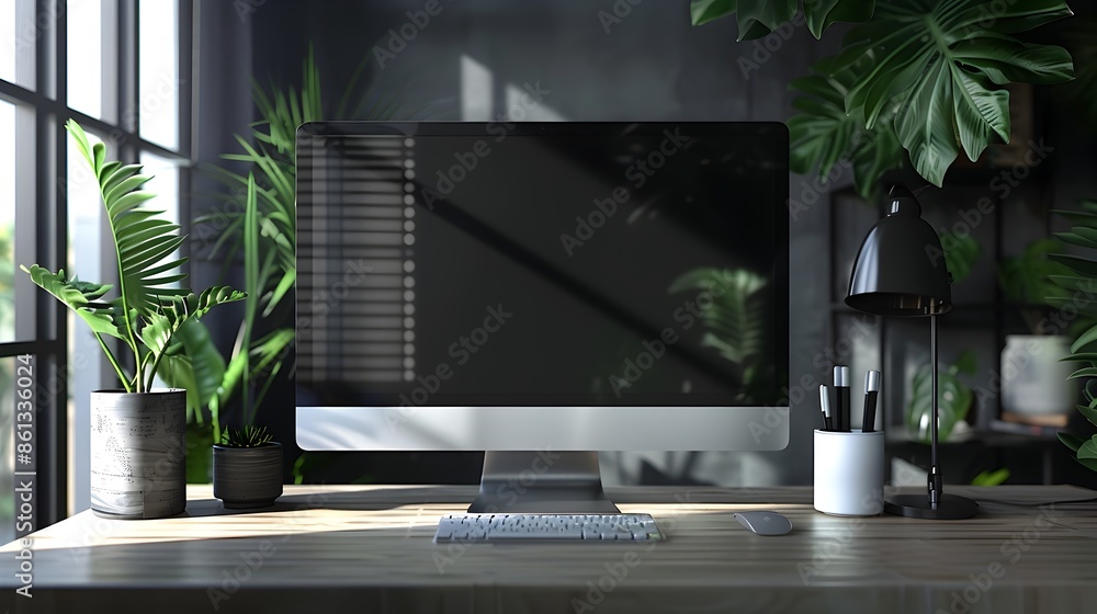 Poster modern office desk setup with blank computer screen and sleek tech accessories ideal for product moc