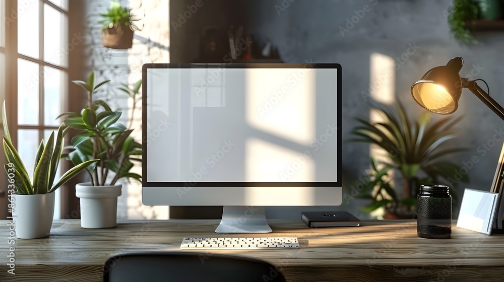 Poster modern office desk with blank computer screen and sleek accessories for tech product mockup backgrou