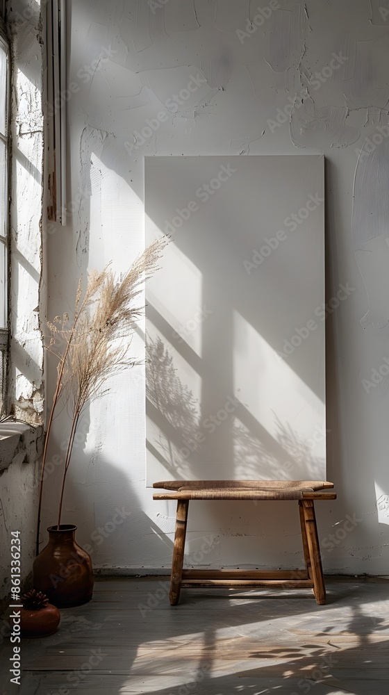 Poster minimalist studio setup with blank canvas backdrop for art and craft product mockups