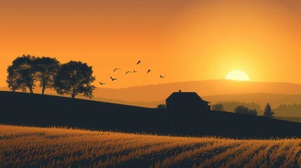 Fototapeta premium A picturesque scene of a farmhouse silhouette against a vibrant golden sunset sky over rolling fields. Tranquil and idyllic. Generative AI
