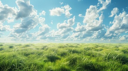 Obraz premium A sprawling grassy field, full of life and color, under a calm sky with soft, white clouds floating by