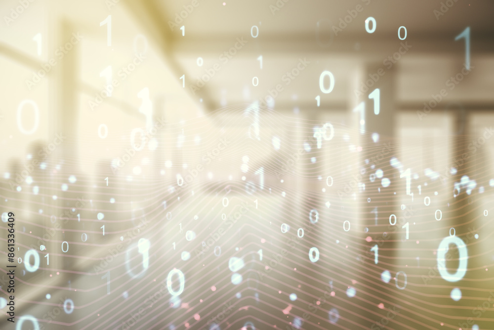Aufkleber Abstract virtual binary code illustration on empty corporate office background. Big data and coding concept. Multiexposure