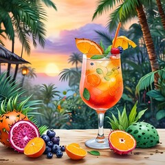 tropical cocktail with fruits