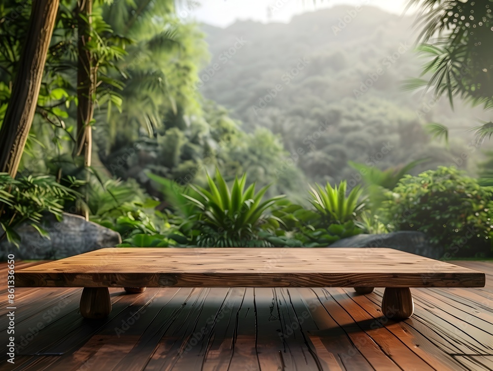 Wall mural Blank Wooden Table with Lush Nature Backdrop for Outdoor Product Mockups and Presentations