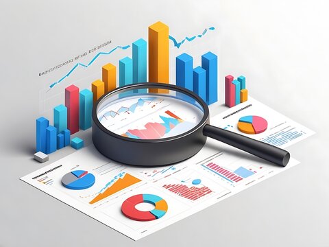 analysis, graph and charts analytics, statistics concept. Digital performance monitoring and analyzing with magnifier. 