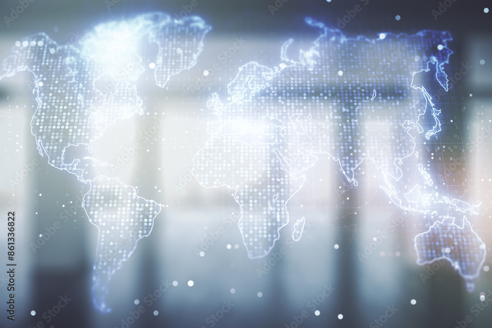 Aufkleber Multi exposure of abstract graphic world map on modern interior background, big data and networking concept