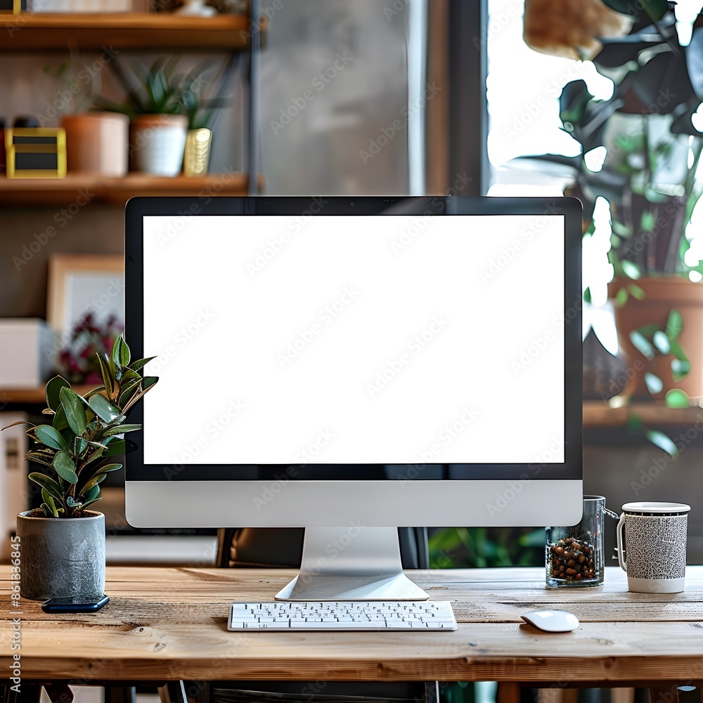 Poster minimalist office desk setup with blank computer monitor for product mockup