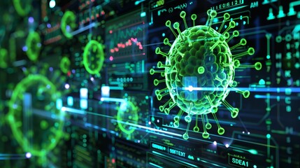 Abstract digital illustration of a virus particle on a digital screen.