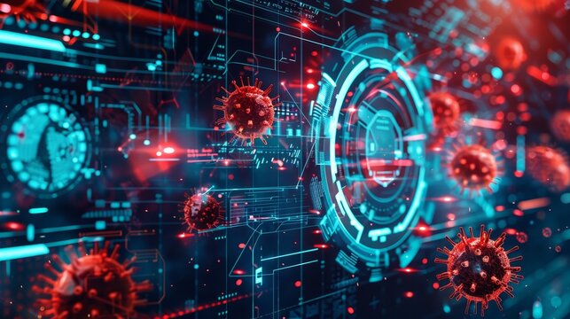 Abstract digital background with red viruses and blue tech elements.  A futuristic concept of a global health crisis.