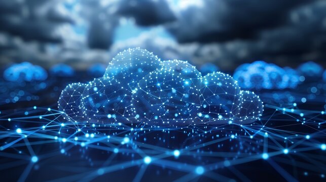 Abstract digital cloud computing concept with glowing network lines.
