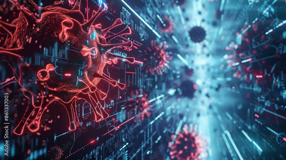Poster abstract digital representation of a virus spreading through a data stream. the image depicts the co