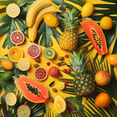 Exotic fruits and tropical palm leaves arranged on a pastel yellow background, featuring papaya, mango, pineapple, banana, carambola, dragon fruit, kiwi, lemon, orange, melon, coconut, and lime.