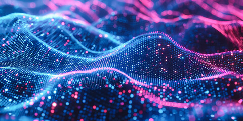 Fondo abstracto rosa y azul brillante con bokeh, 3D de ondas y puntos de redes de conexiones virtuales de datos en colores azul y rojos, representando el traspaso de interconexi&oacute;n de datos en Big Data