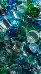 A flat lay pile of blue and green glass bottles and plastic recyclables. With high res photography