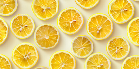 Lemon slices artistically arranged on a light surface, displaying the fresh and bright characteristics of the citrus fruit, with a focus on their vibrant yellow color.