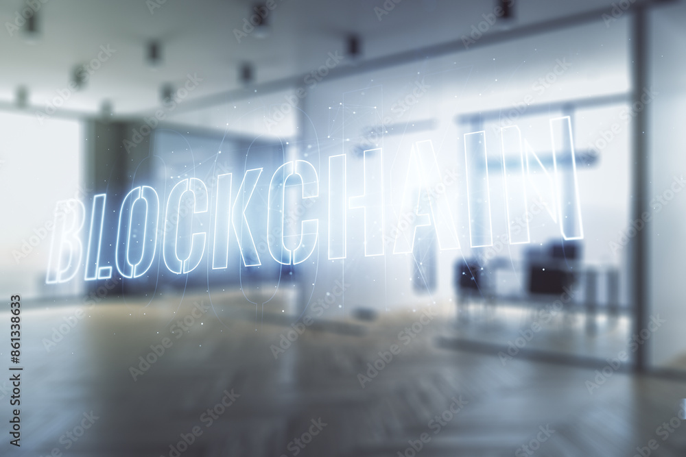 Poster double exposure of abstract virtual blockchain technology hologram on modern corporate office backgr