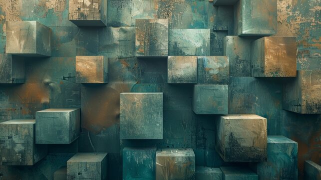 Abstract background with a textured, geometric pattern of teal and brown cubes.