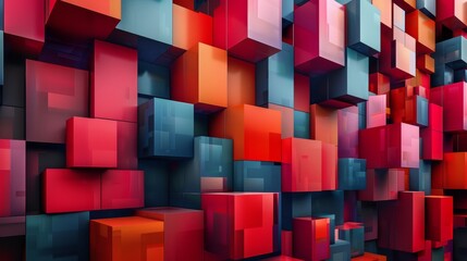 Abstract background of colorful 3D cubes, with shades of red, orange, blue, and purple.