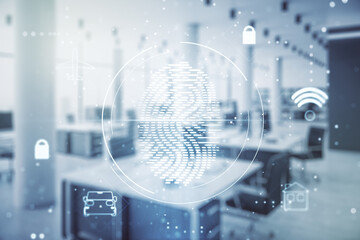 Double exposure of virtual creative fingerprint hologram on a modern furnished office interior background, protection of personal information concept