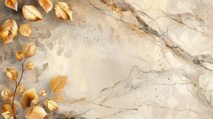 Obraz premium Abstract autumnal background with golden leaves on a marble texture.