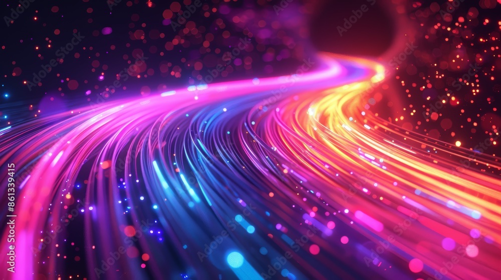 Poster abstract background with glowing colorful lines and sparkles.