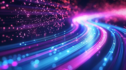 Obraz premium Abstract background with glowing blue and pink light streaks and particles.