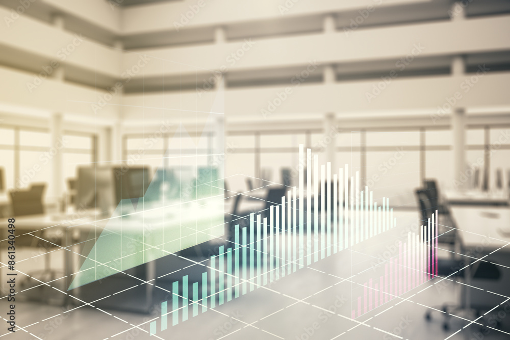 Poster multi exposure of abstract virtual financial graph hologram on a modern furnished office background,
