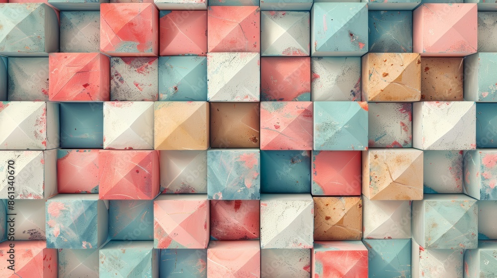 Poster abstract geometric background with colorful squares and pyramid shapes.