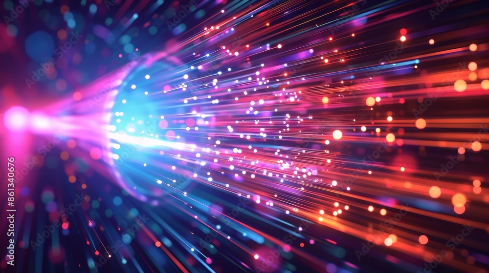 Poster Abstract digital data flow with vibrant streaks of light and glowing particles.