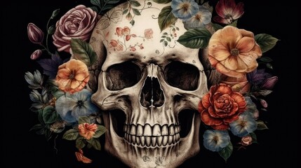 Skull adorned with vibrant roses on a black background