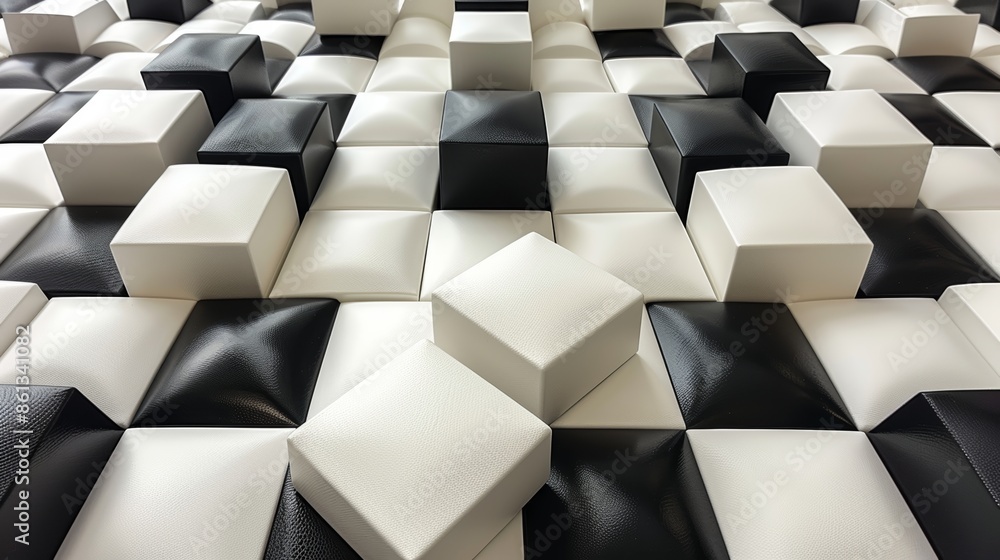 Poster abstract checkered pattern of black and white cubes, creating a geometric and modern design.