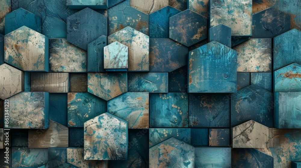 Poster abstract blue and brown geometric pattern of hexagonal shapes.