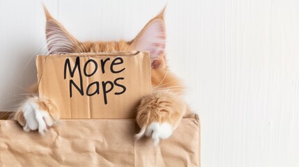 A fluffy cat holding a cardboard sign that says More Naps with a white background