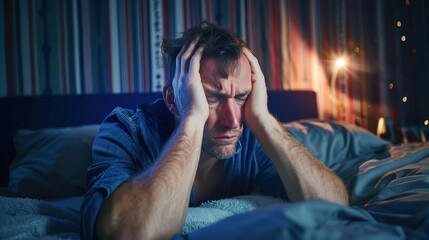 Fototapeta premium A man sitting on a bed, visibly troubled, with his head in his hands, illustrating a night filled with stress and anxiety in a dimly lit bedroom environment.